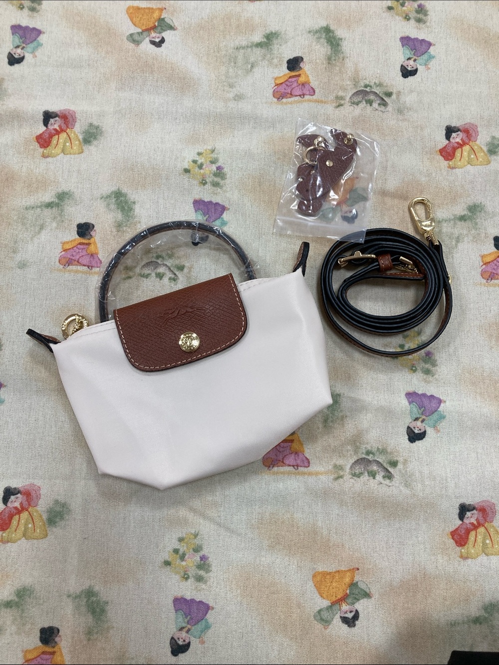 Longchamp Cream Mini Tote with Brown Flap and Gold Hardware